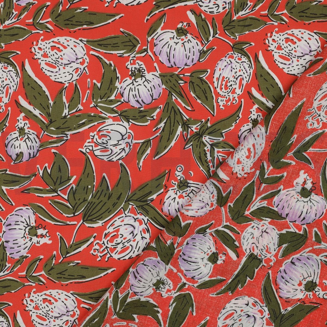 COTON IMPRIMÉ BLOCK FAIT MAIN FLEURS CORAIL #7