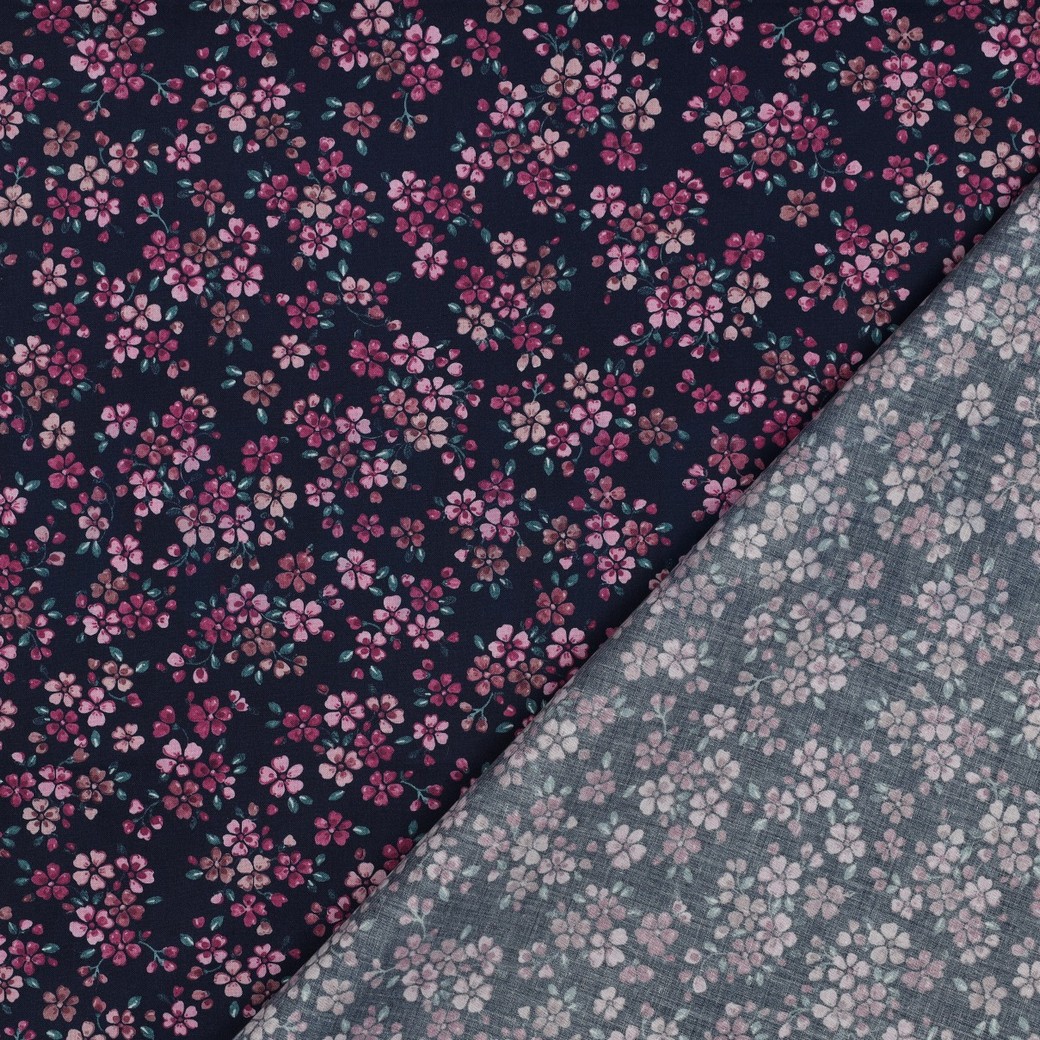 FINE POPLIN DIGITAL FLOWERS NAVY #7