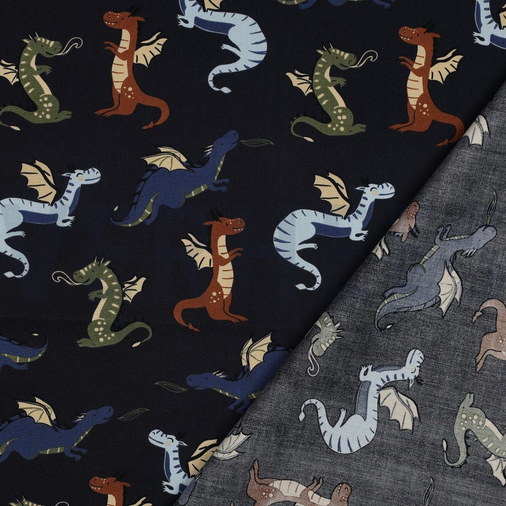 POPELINE DE COTON TISSAGE FIN DRAGONS BLEU MARINE #7