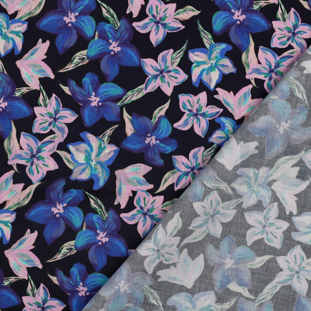KATOEN SATIJN DIGITAAL BLOEMEN MARINEBLAUW #7
