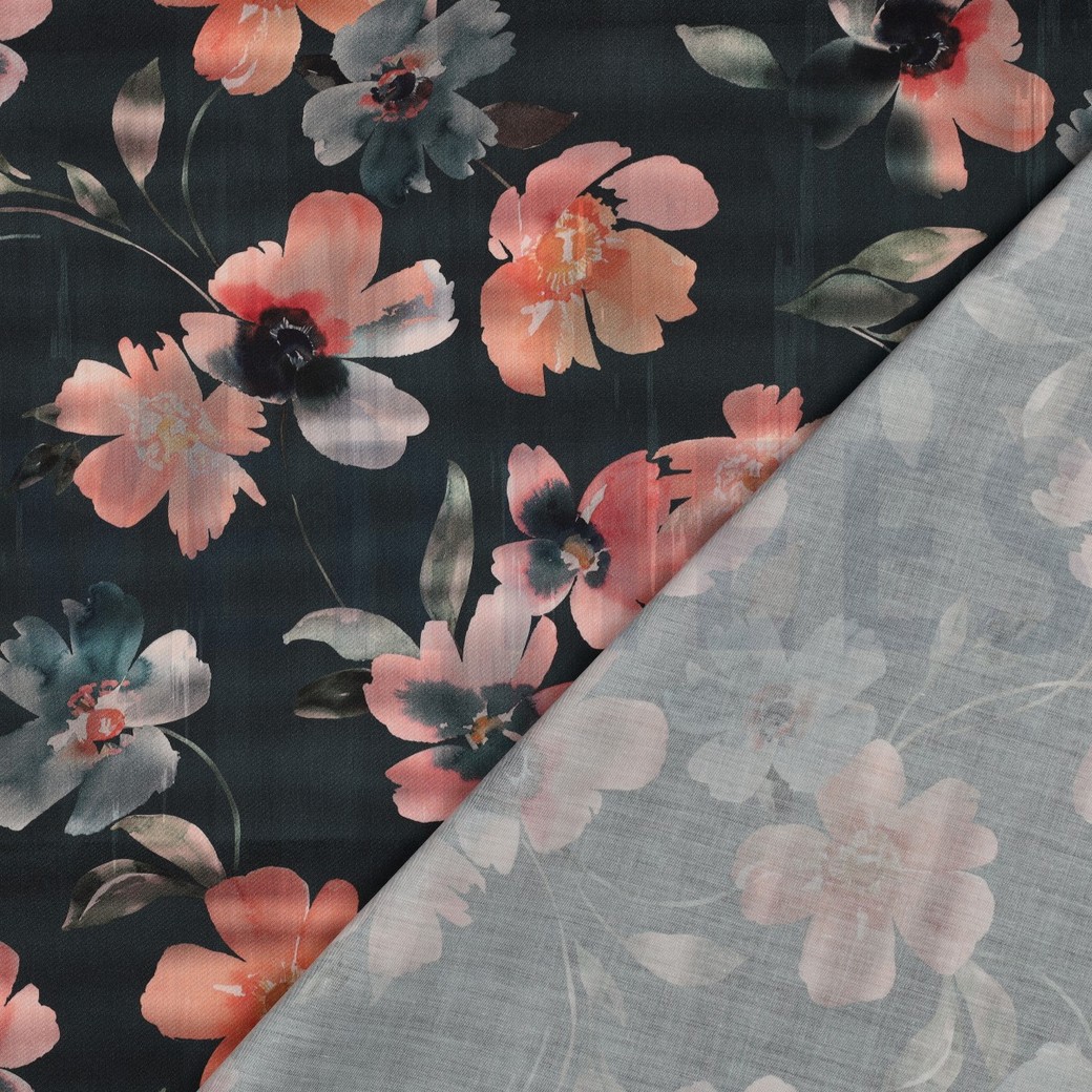 COTTON SATIN DIGITAL FLOWERS DARK PETROL #7