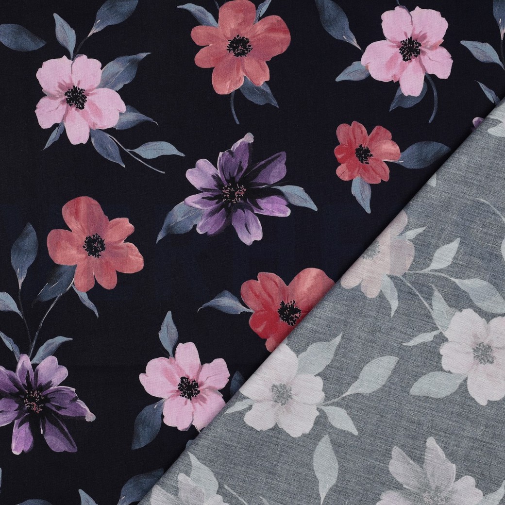 KATOEN VISCOSE DIGITAAL BLOEMEN MARINEBLAUW #7
