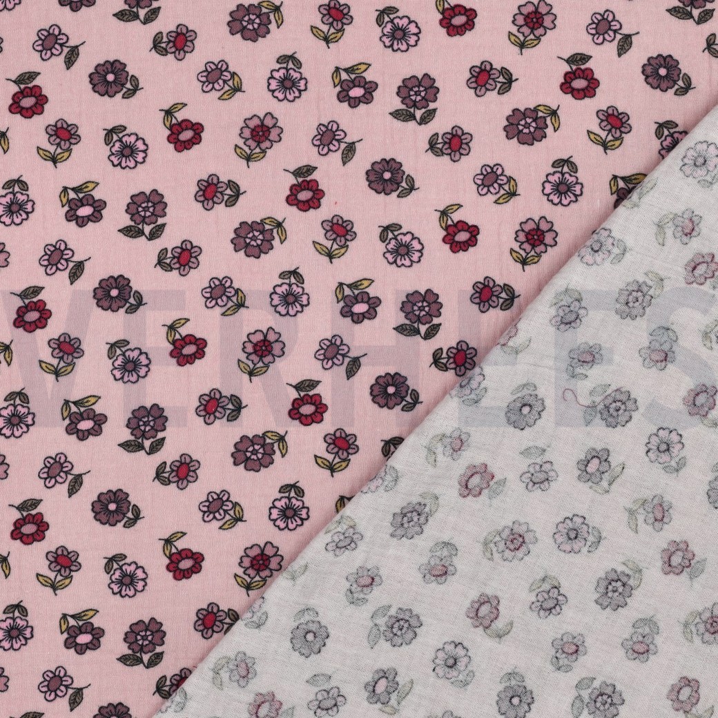 DOUBLE GAZE DE COTON FLEURS VIEUX ROSE #7