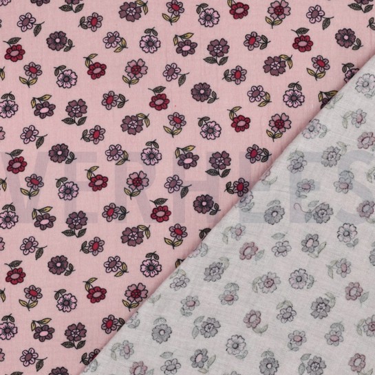 DOUBLE GAZE DE COTON FLEURS VIEUX ROSE #7
