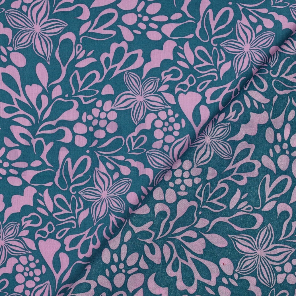 BAUMWOLLE VOILE BLUMEN PETROL #7