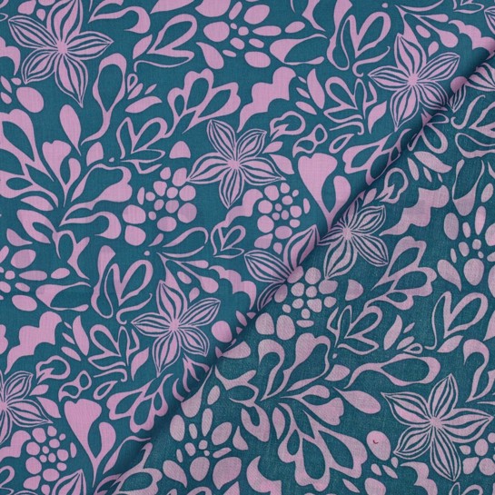 BAUMWOLLE VOILE BLUMEN PETROL #7