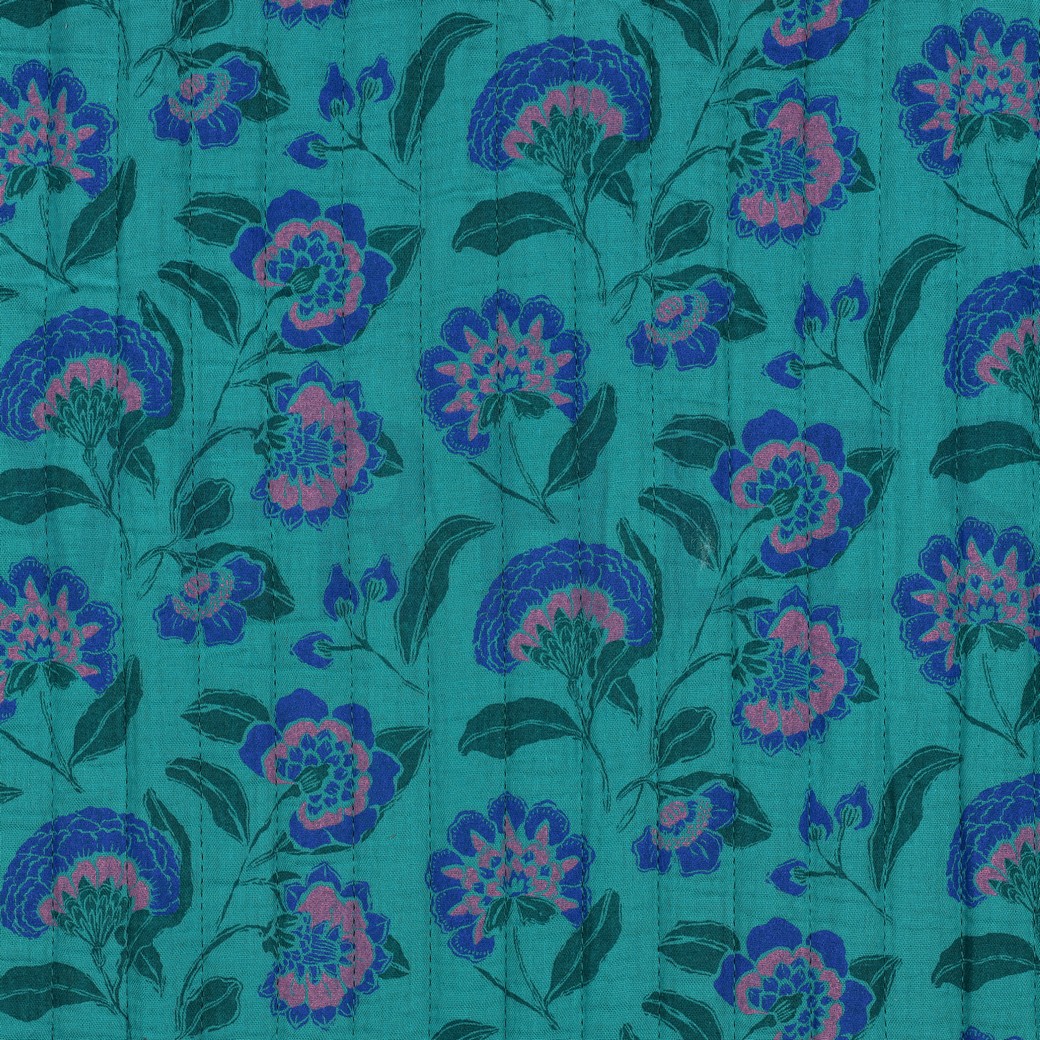 DOUBLE GAUZE GEWATTEERD BLOEMEN PETROL #7