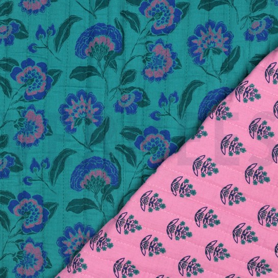 MUSSELIN GESTEPPT BLUMEN PETROL #7