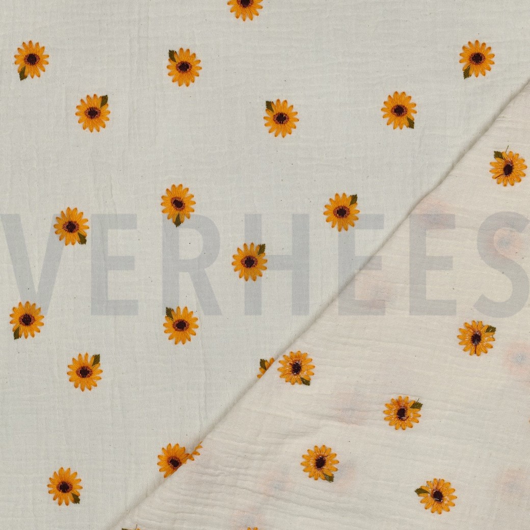 DOUBLE GAZE DE COTON BRODERIE TOURNESOLS NATUREL #7