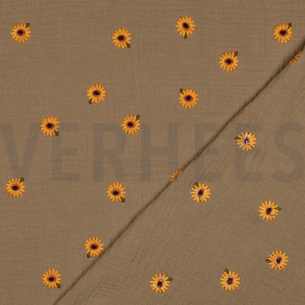 DOUBLE GAZE DE COTON BRODERIE TOURNESOLS BEIGE #7