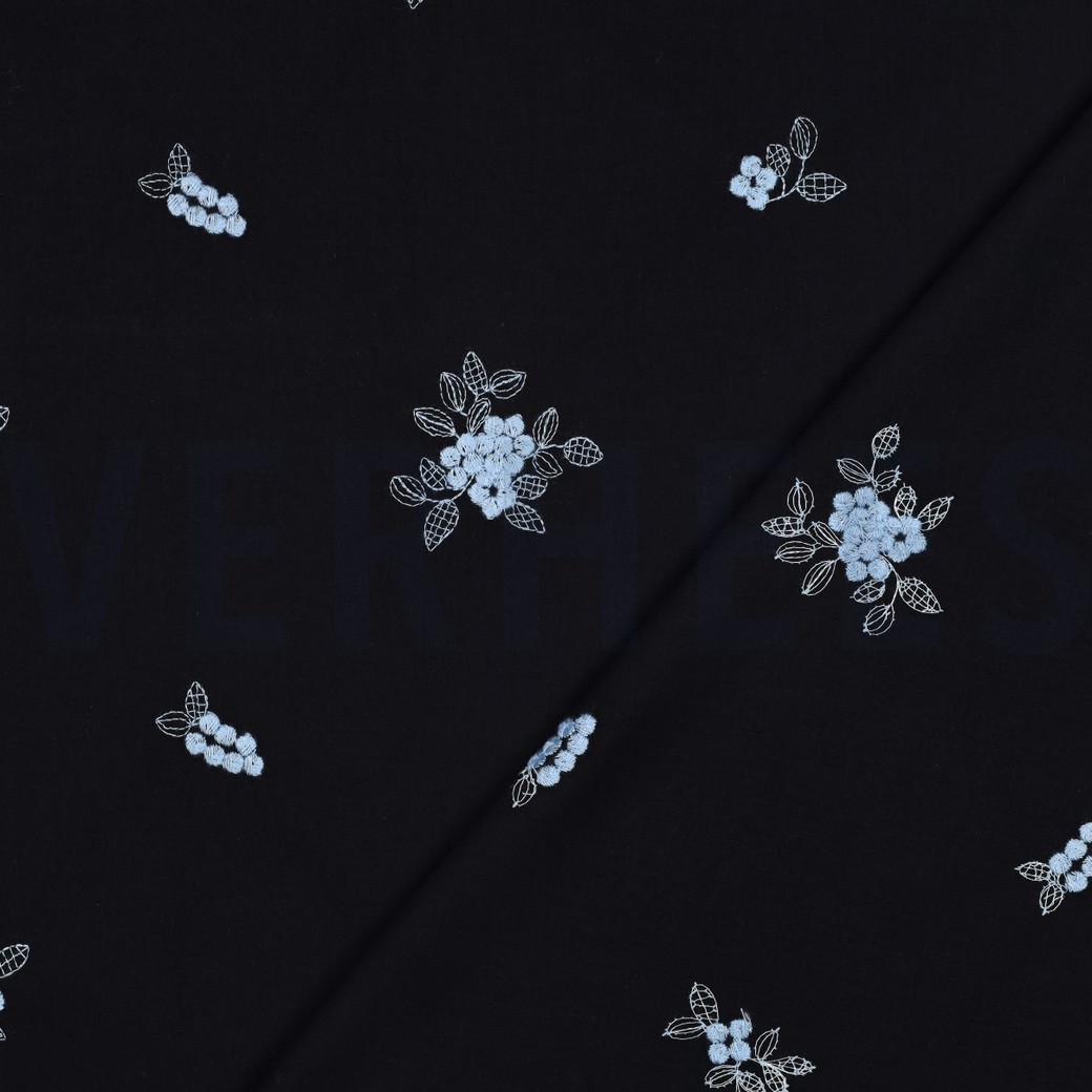 COTON VOILE BRODERIE FLEURS BLEU MARINE #7