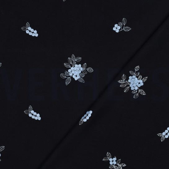 BAUMWOLLE VOILE STICKEREI BLUMEN MARINEBLAU #7