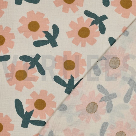 DOUBLE GAUZE GOTS FLOWERS JENNIFER BOURON NATURAL/PEACH #7