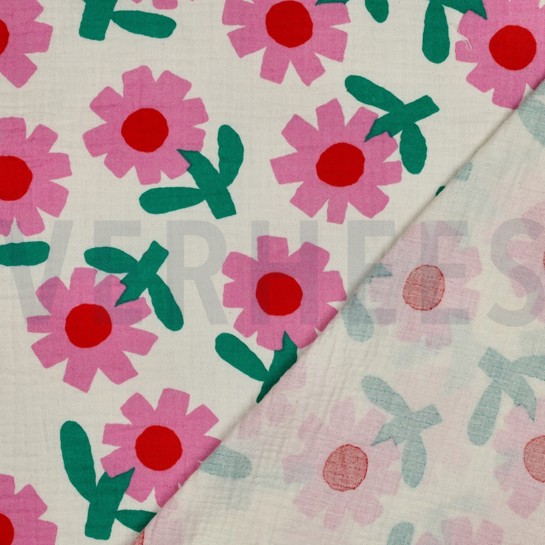 DOUBLE GAUZE GOTS BLOEMEN JENNIFER BOURON NATUREL/ROZE #7