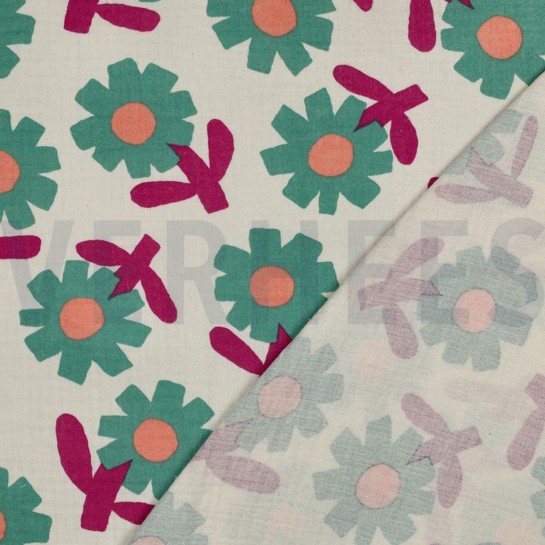 DOUBLE GAUZE GOTS BLOEMEN JENNIFER BOURON NATUREL/GROEN #7