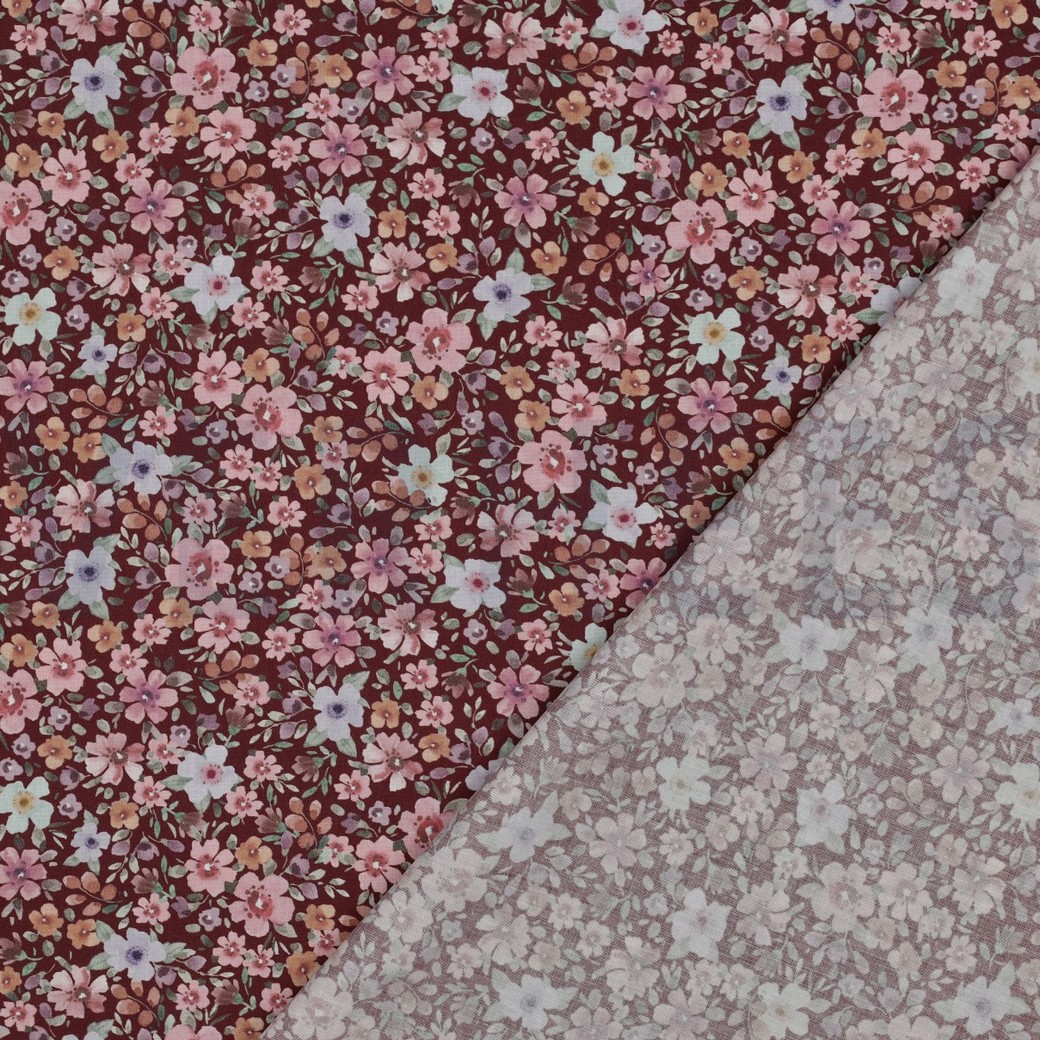 FEIN GEWEBTE BAUMWOLLPOPELINE DIGITAL BLUMEN BORDEAUXROT #7