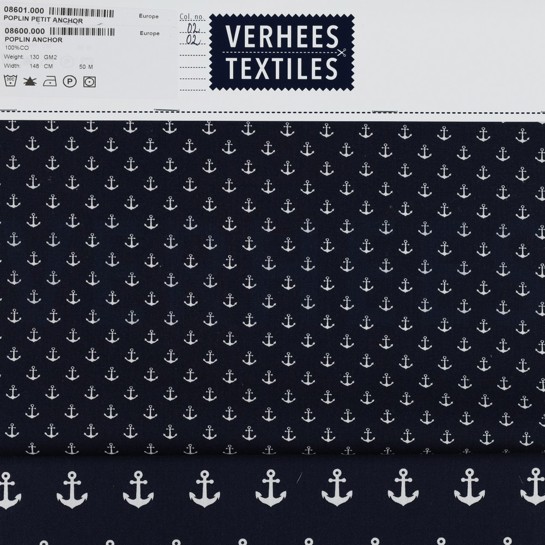 KATOENEN POPLIN KLEINE ANKERS WIT/DONKERBLAUW #7
