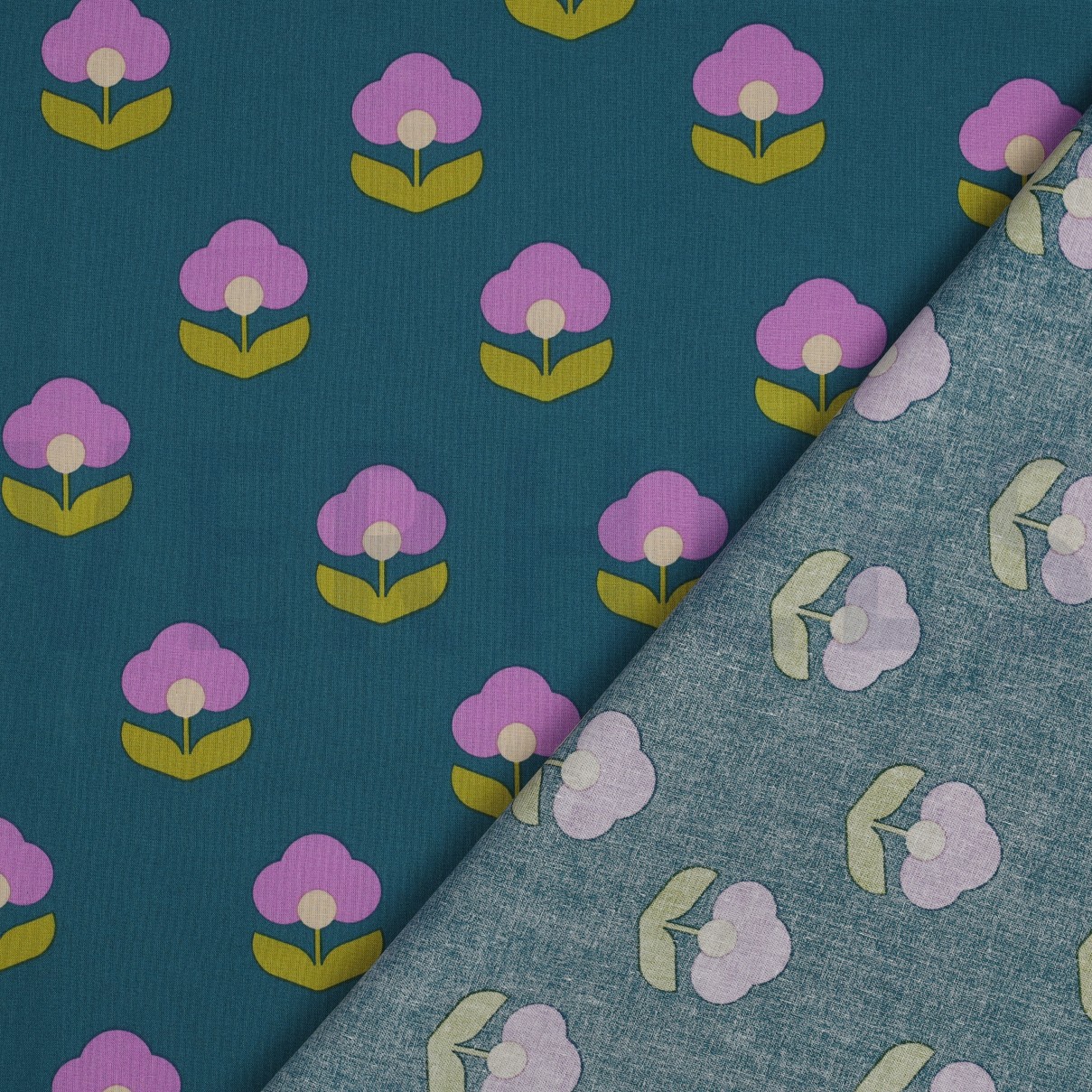 COATED COTTON RETRO FLOWERS PETROL #7