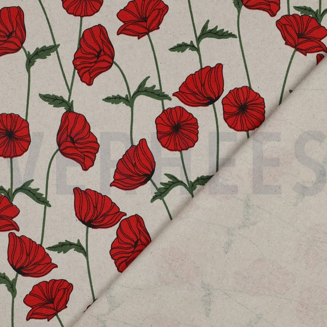 COATED CANVAS LINEN LOOK POPPY FLOWERS NATURAL #7