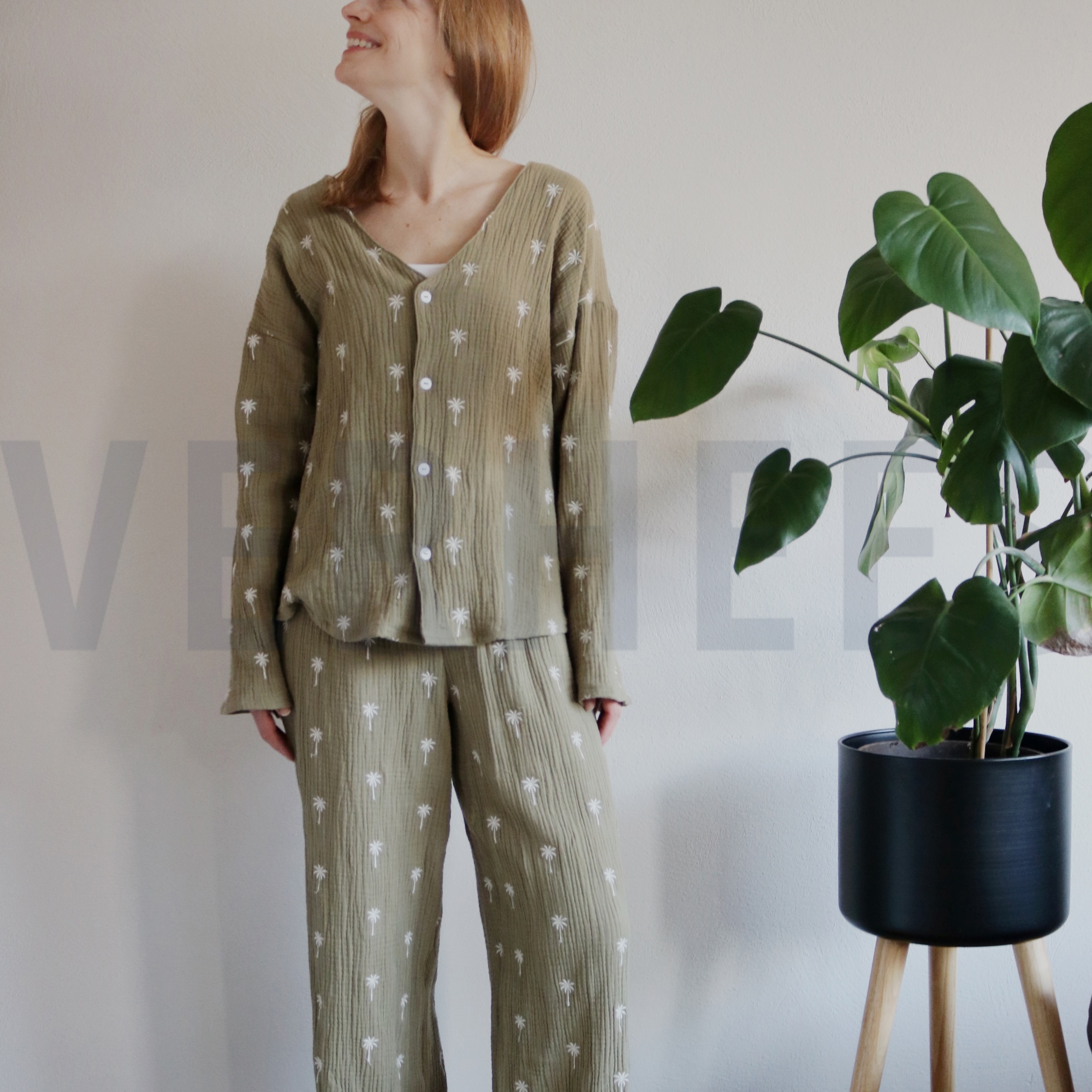 DOUBLE GAZE DE COTON BRODERIE PALMIERS VERT MOUSSE (high resolution) #6