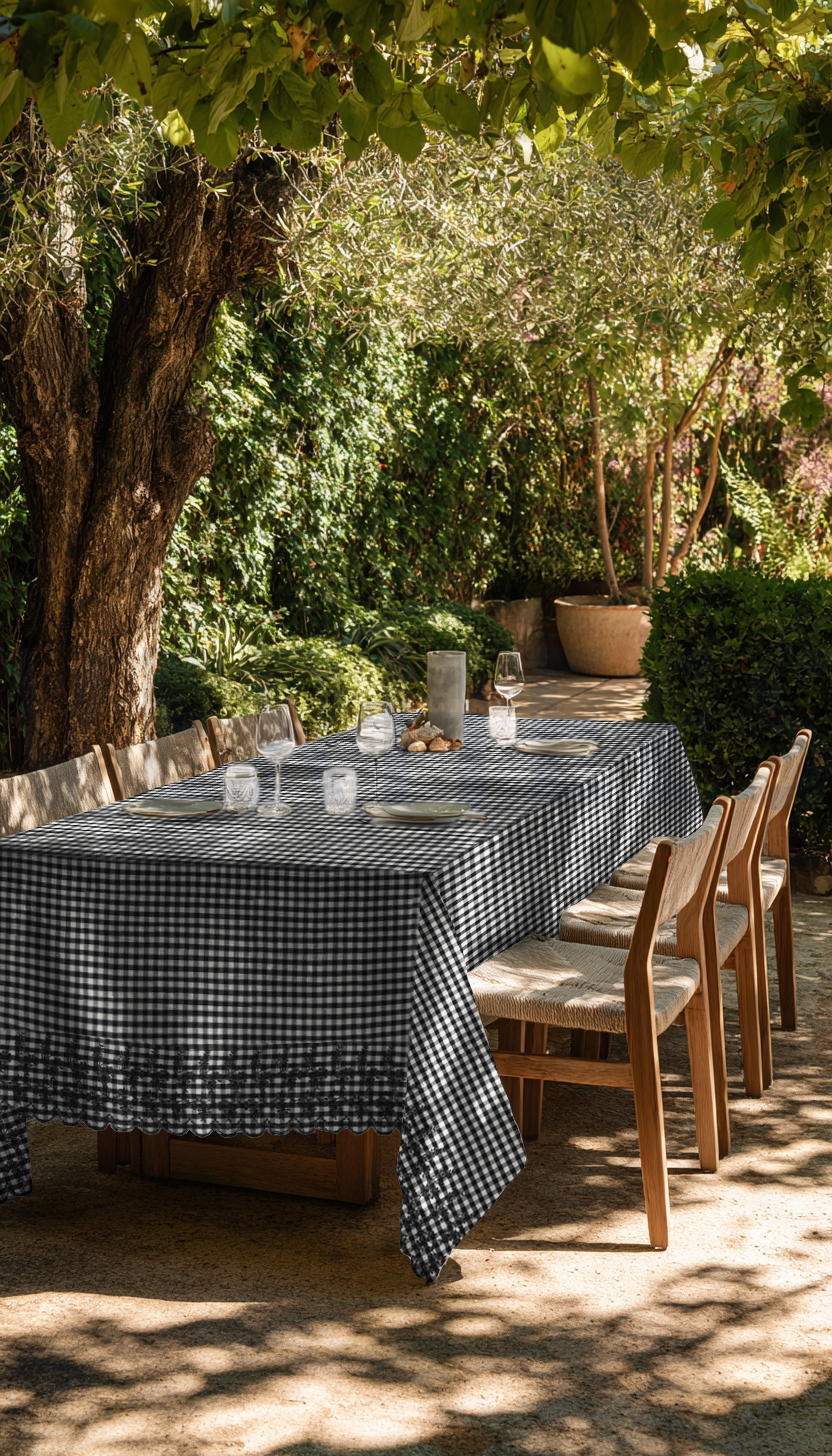 COTTON CHECKS ONE-SIDE BORDER ONE-SIDE SCALLOP BLACK/WHITE #7