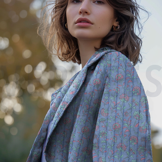 STEPPSTOFF MUSSELIN BLUMEN ZWEISEITIG HELLBLAU/MINT #7