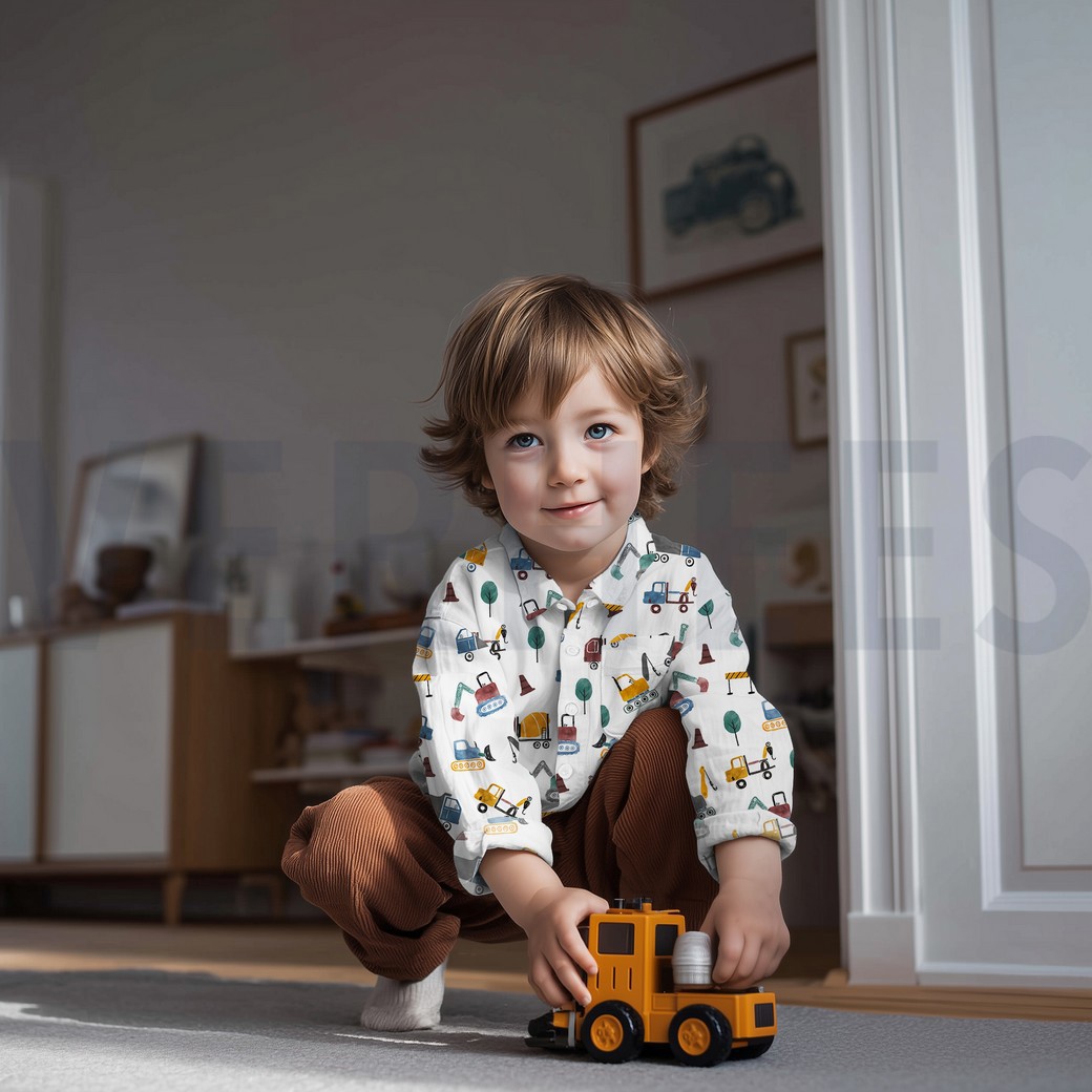 FINE POPLIN DIGITAL CONSTRUCTION VEHICLES WHITE #7