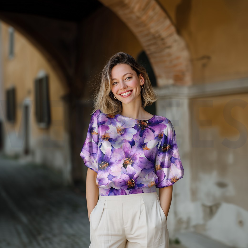 VISKOSE SATIN DIGITAL BLUMEN LILA/VIOLETT #7