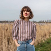 KATOEN GARENGEVERFD STREPEN LAVENDEL/ORANJE (thumbnail) #7