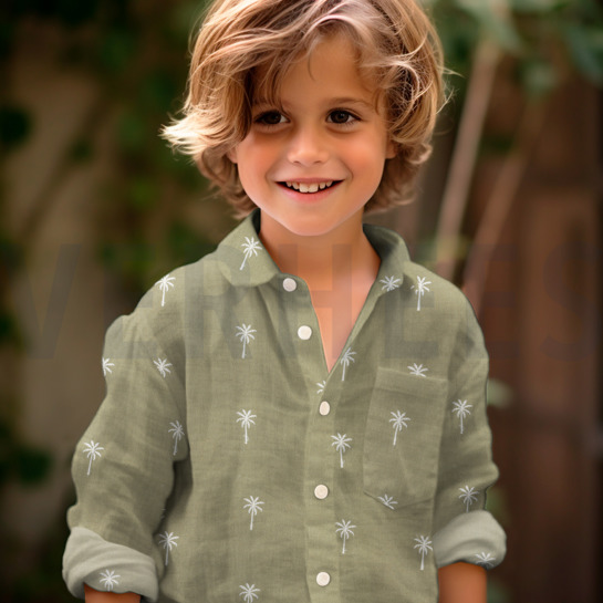 DOUBLE GAZE DE COTON BRODERIE PALMIERS VERT MOUSSE #7