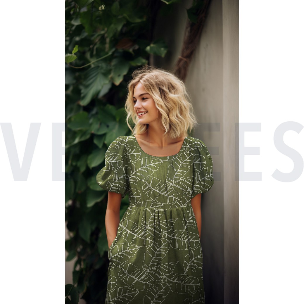 LINEN VISCOSE EMBROIDERY LEAVES FOREST GREEN #7