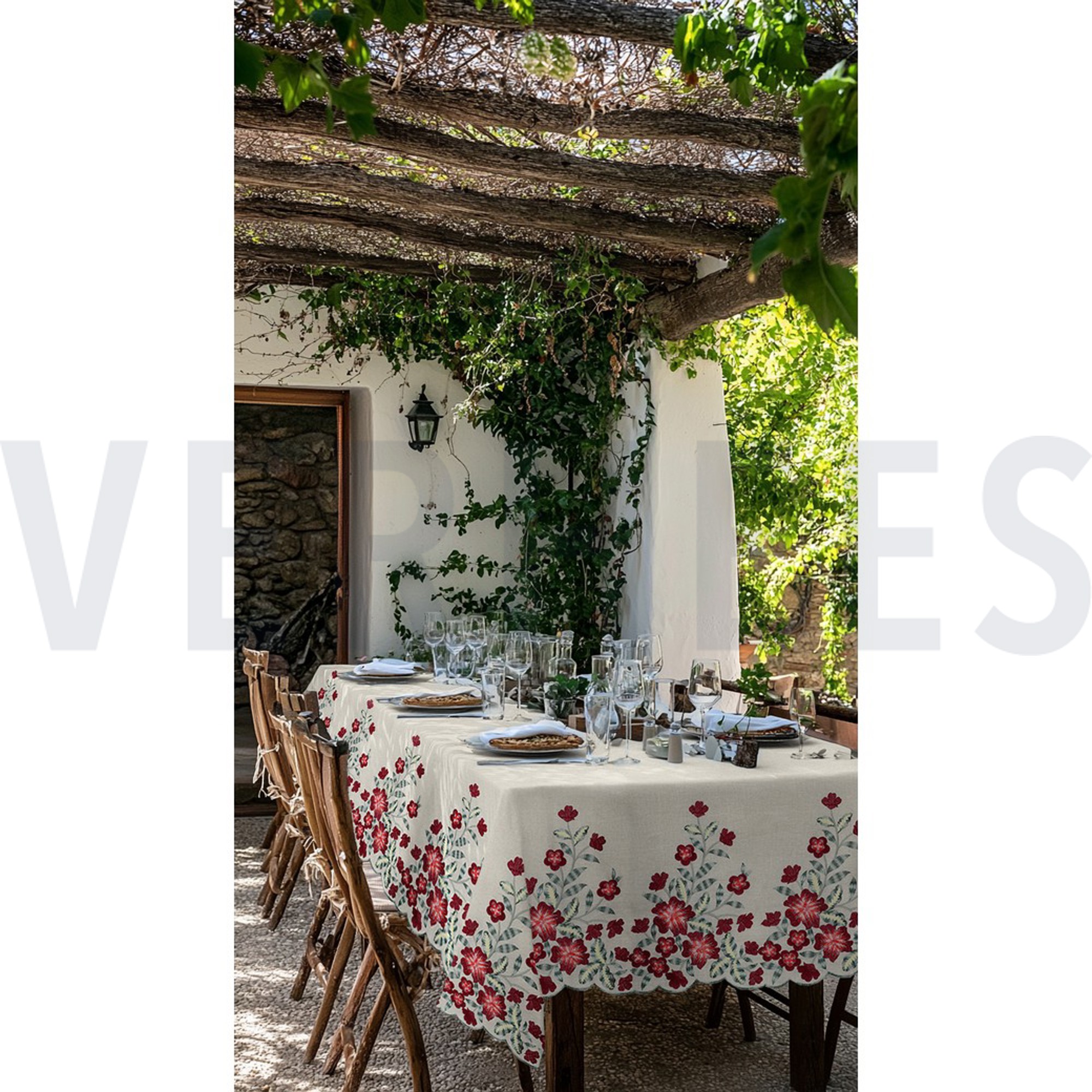 LINEN VISCOSE ONE-SIDE BORDER FLOWERS CERISE (high resolution) #7