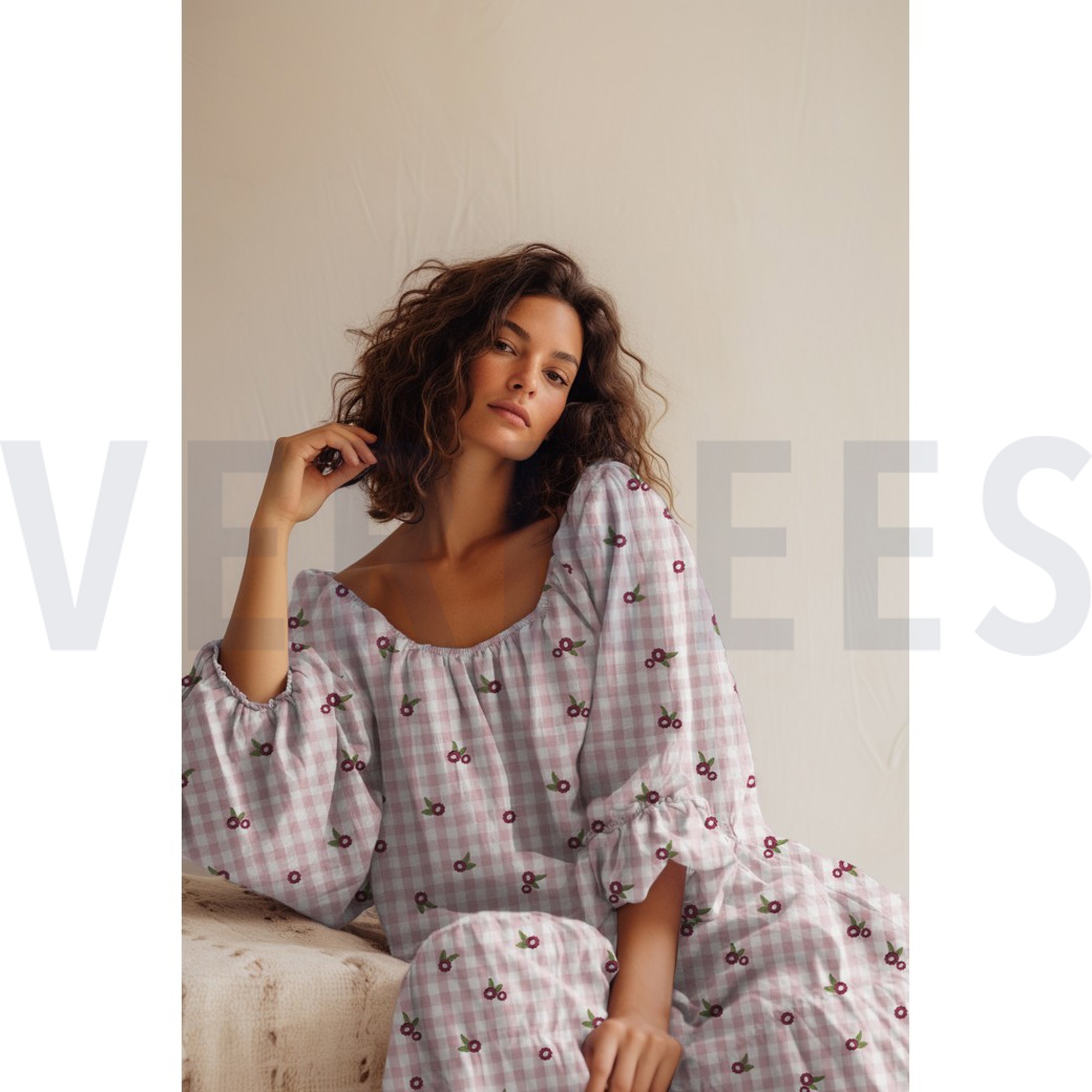 DOUBLE GAUZE CHECKS EMBROIDERY FLOWERS MAUVE (high resolution) #7