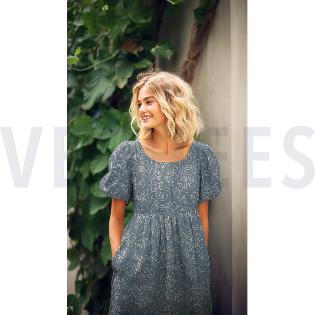 LINNEN VISCOSE EMBROIDERY BLOEMEN OUDBLAUW #7