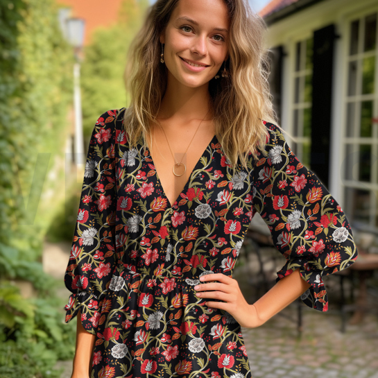 VISKOSE STRETCH DIGITAL BLUMEN SCHWARZ #7