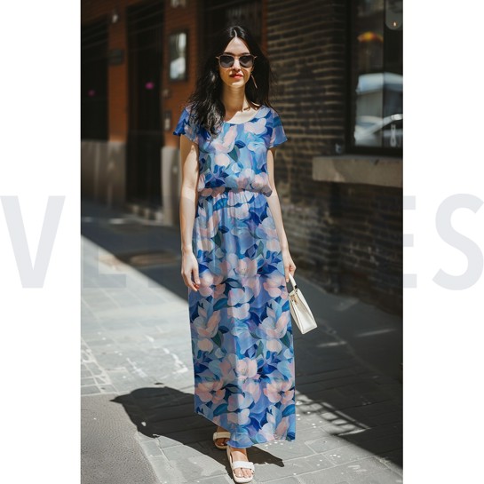 VISCOSE STRETCH DIGITAL FLOWERS BLUE #7