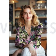 COTTON VISCOSE DIGITAL LEAVES PINK/OCHRE (thumbnail) #7