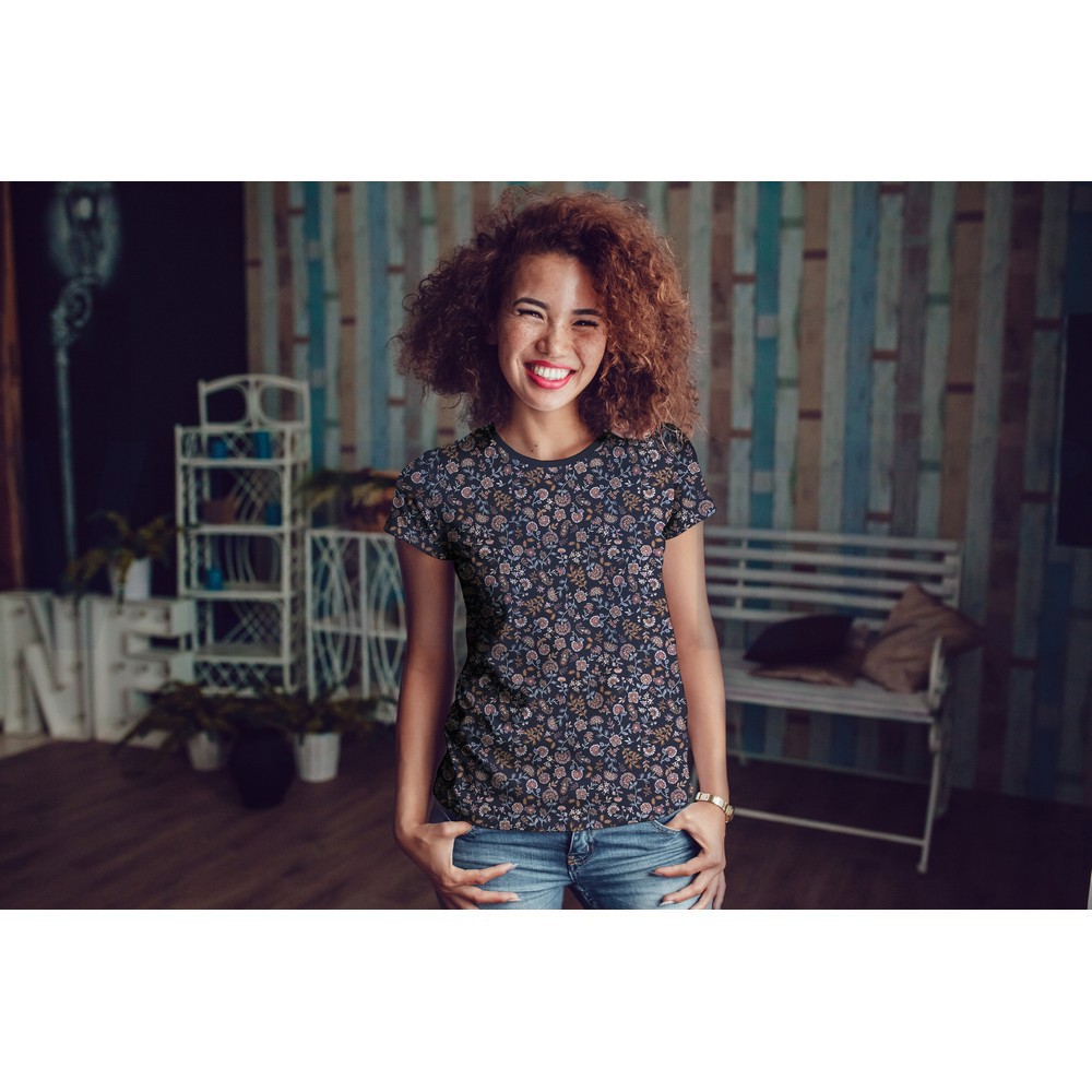 JERSEY DIGITAAL PAISLEY BLOEMEN WIT / PERZIK #7