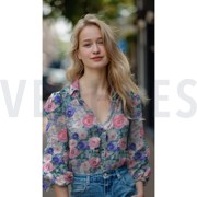 DOUBLE GAZE DE COTON FLEURS PÉTROLE (thumbnail) #7