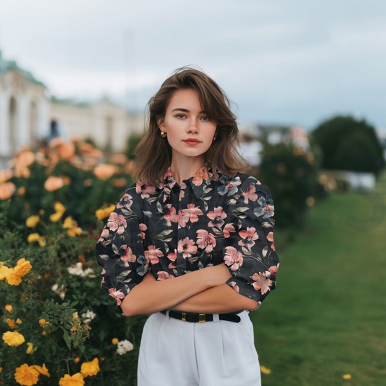 BAUMWOLLE SATIN DIGITAL BLUMEN PFIRSICH #7